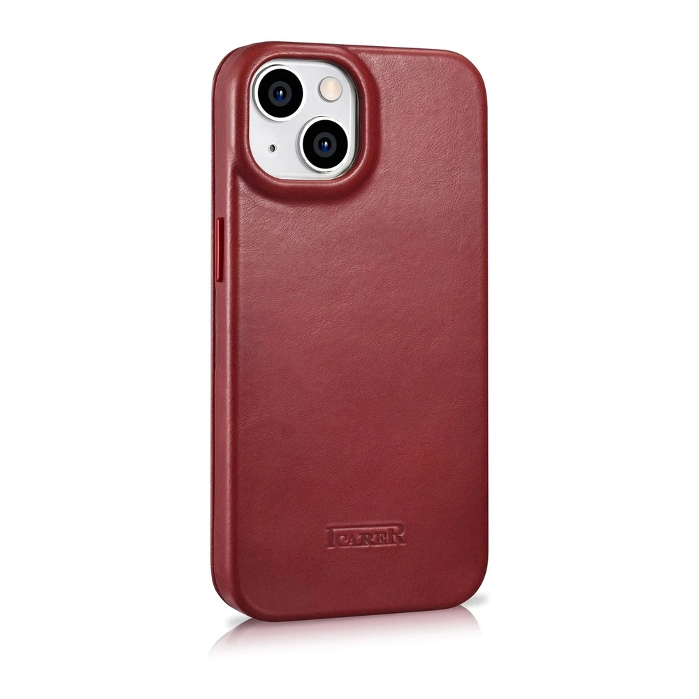 iCarer CE Oil Wax Premium Leather Apple iPhone 14 Plus Magnetic atverčiamas Leather MagSafe dėklas telefonui raudonos spalvos (AKI14220707-RD)