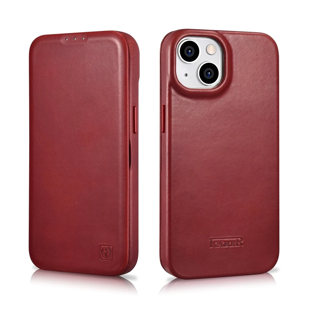 iCarer CE Oil Wax Premium Leather Apple iPhone 14 Plus Magnetic atverčiamas Leather MagSafe dėklas telefonui raudonos spalvos (AKI14220707-RD)