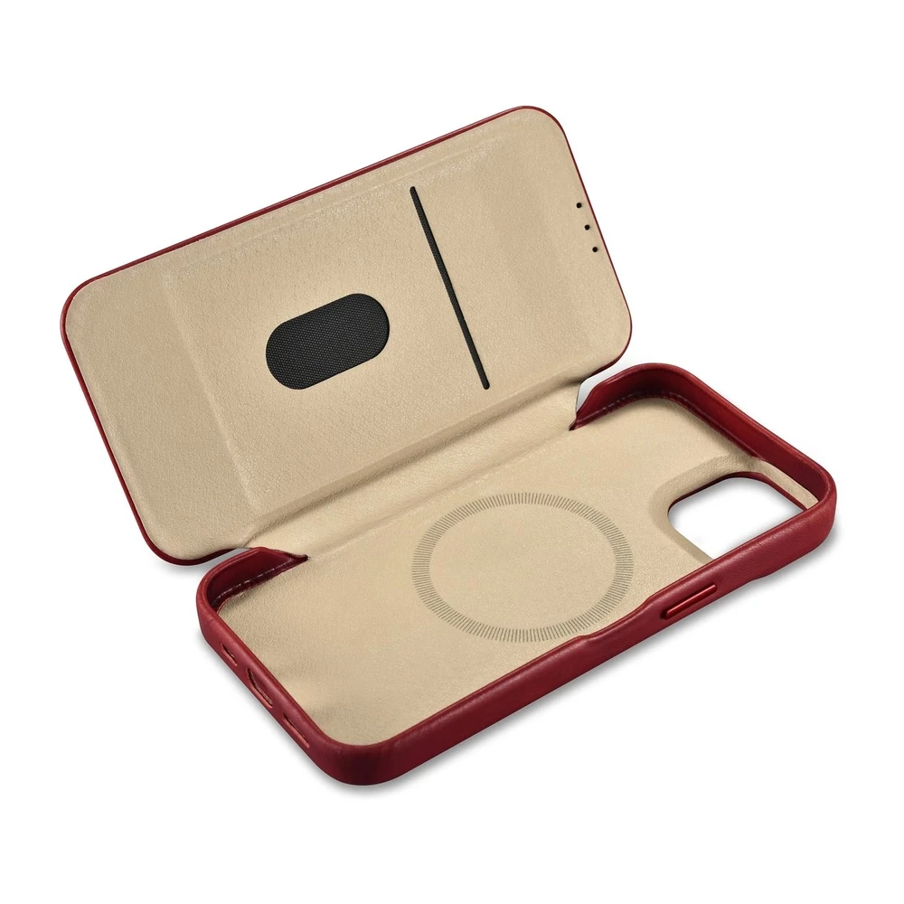 iCarer CE Oil Wax Premium Leather Apple iPhone 14 Plus Magnetic atverčiamas Leather MagSafe dėklas telefonui raudonos spalvos (AKI14220707-RD)