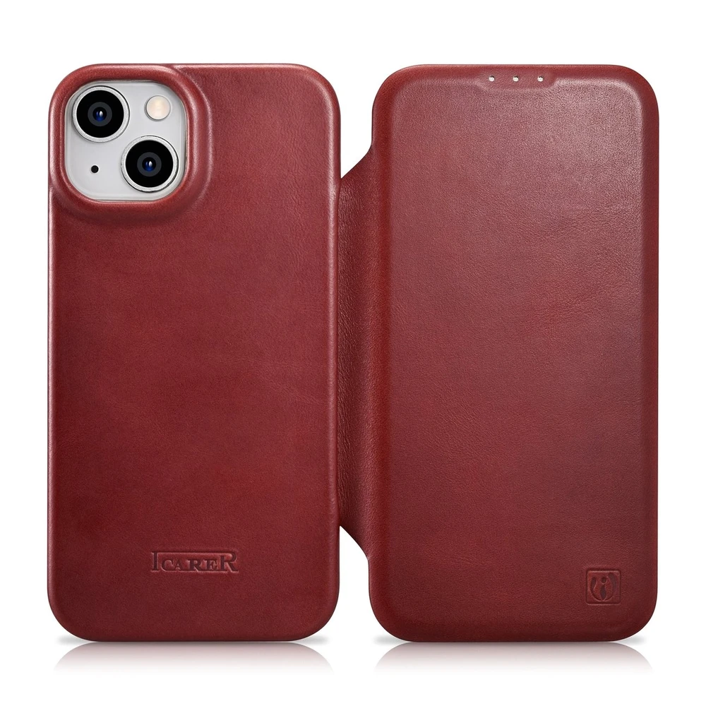 iCarer CE Oil Wax Premium Leather Apple iPhone 14 Plus Magnetic atverčiamas Leather MagSafe dėklas telefonui raudonos spalvos (AKI14220707-RD)