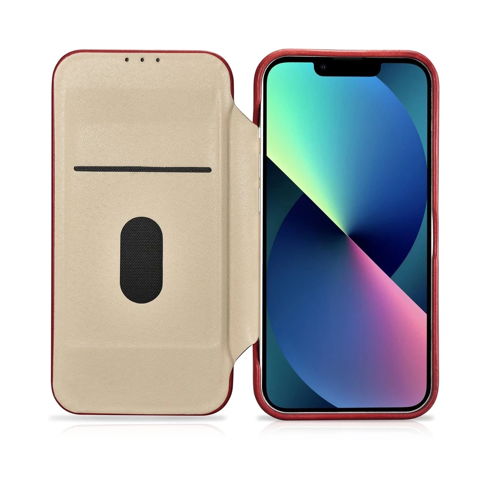 iCarer CE Oil Wax Premium Leather Apple iPhone 14 Plus Magnetic atverčiamas Leather MagSafe dėklas telefonui raudonos spalvos (AKI14220707-RD)
