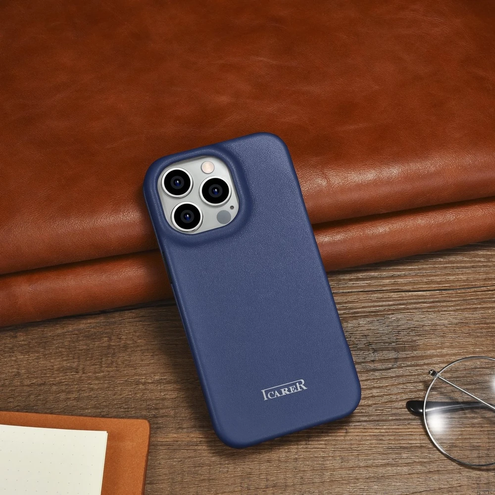 iCarer CE Premium Leather Apple iPhone 14 Pro Magnetic atverčiamas Leather MagSafe dėklas telefonui mėlynos spalvos (WMI14220714-BU)