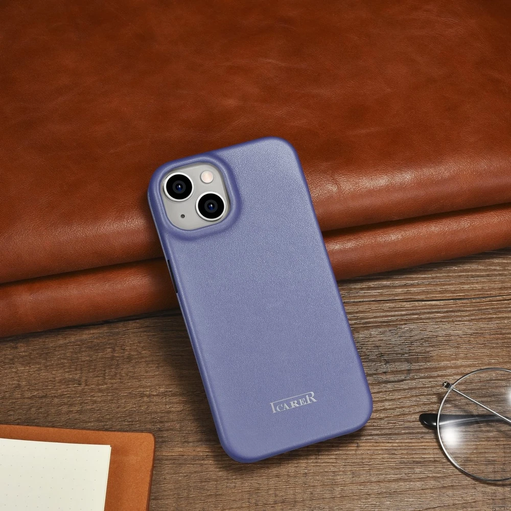 iCarer CE Premium Leather Apple iPhone 14 Plus Magnetic atverčiamas Leather MagSafe Light dėklas telefonui violetinės spalvos (WMI14220715-LP)