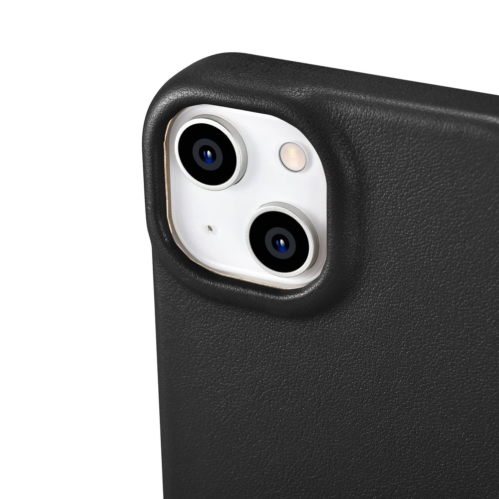 iCarer CE Premium Leather Apple iPhone 14 Plus Magnetic atverčiamas Leather MagSafe dėklas telefonui juodos spalvos (WMI14220715-BK)