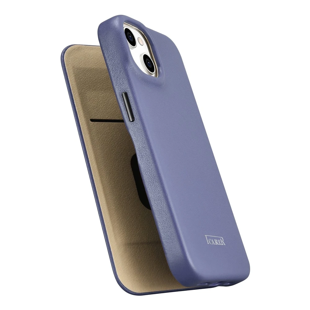 iCarer CE Premium Leather Apple iPhone 14 Plus Magnetic atverčiamas Leather MagSafe Light dėklas telefonui violetinės spalvos (WMI14220715-LP)