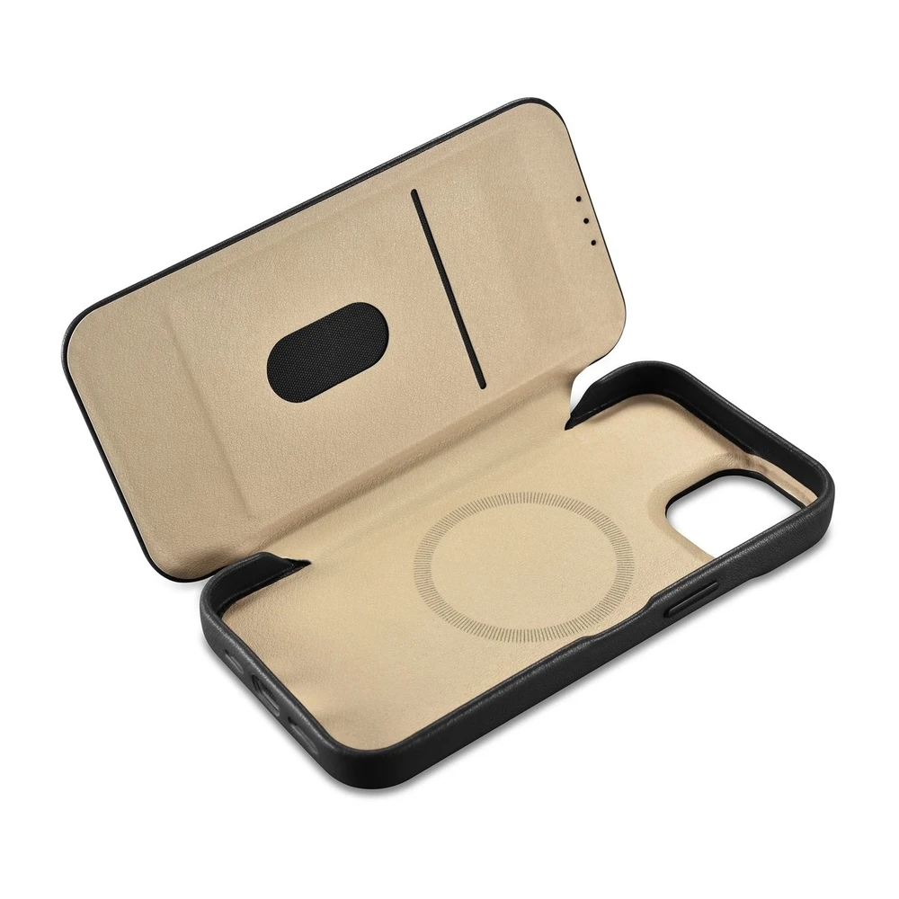 iCarer CE Premium Leather Apple iPhone 14 Plus Magnetic atverčiamas Leather MagSafe dėklas telefonui juodos spalvos (WMI14220715-BK)
