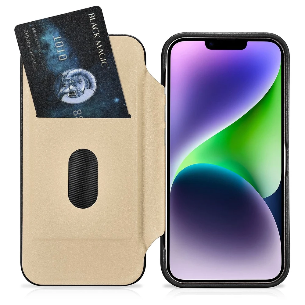 iCarer CE Premium Leather Apple iPhone 14 Plus Magnetic atverčiamas Leather MagSafe dėklas telefonui juodos spalvos (WMI14220715-BK)