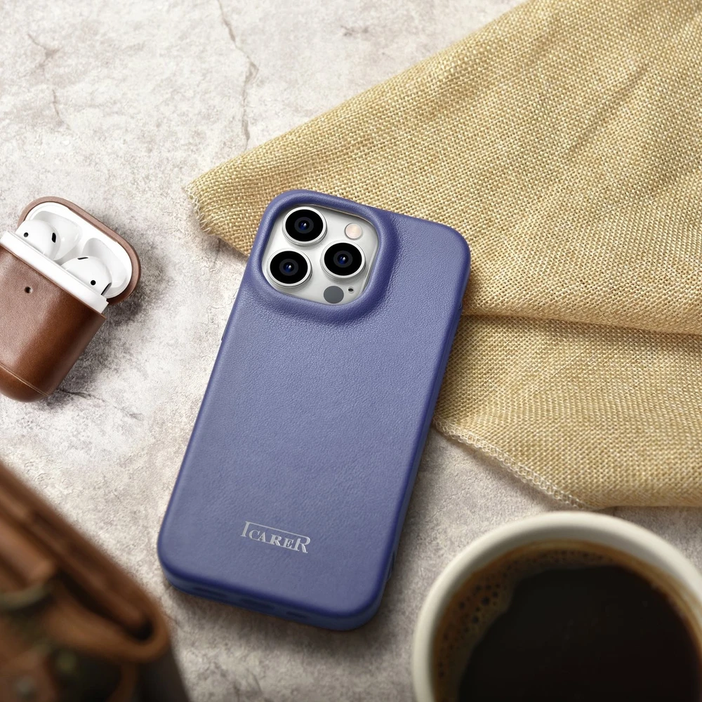 iCarer CE Premium Leather Apple iPhone 14 Pro Max Magnetic atverčiamas Leather MagSafe Light dėklas telefonui violetinės spalvos (WMI14220716-LP)