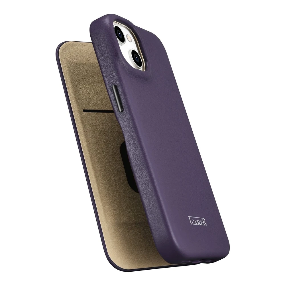 iCarer CE Premium Leather Apple iPhone 14 Plus Magnetic atverčiamas Leather MagSafe Dark dėklas telefonui violetinės spalvos (WMI14220715-DP)