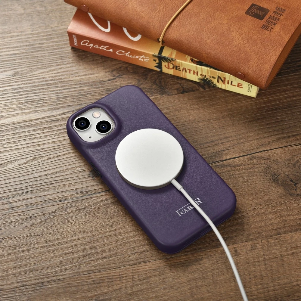 iCarer CE Premium Leather Apple iPhone 14 Plus Magnetic atverčiamas Leather MagSafe Dark dėklas telefonui violetinės spalvos (WMI14220715-DP)