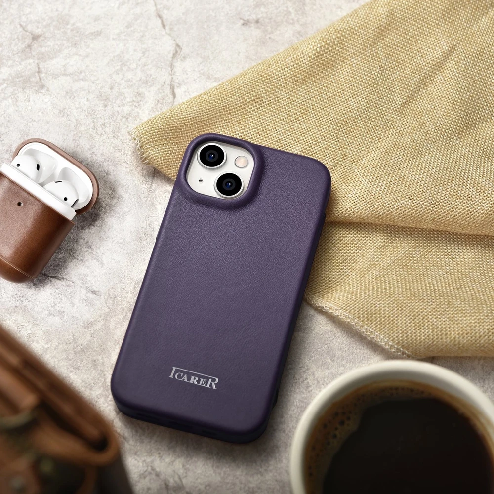 iCarer CE Premium Leather Apple iPhone 14 Plus Magnetic atverčiamas Leather MagSafe Dark dėklas telefonui violetinės spalvos (WMI14220715-DP)
