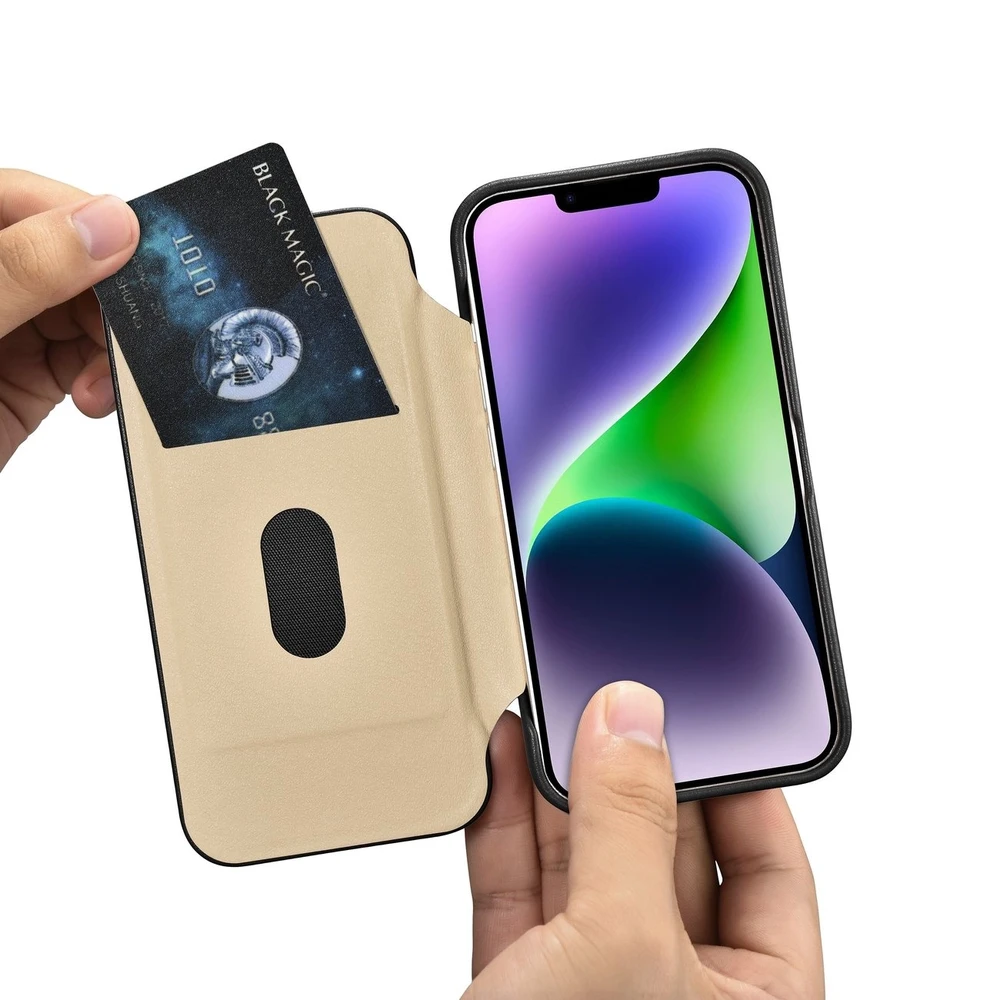 iCarer CE Premium Leather Apple iPhone 14 Plus Magnetic atverčiamas Leather MagSafe dėklas telefonui juodos spalvos (WMI14220715-BK)