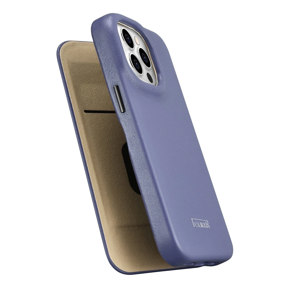 iCarer CE Premium Leather Apple iPhone 14 Pro Max Magnetic atverčiamas Leather MagSafe Light dėklas telefonui violetinės spalvos (WMI14220716-LP)