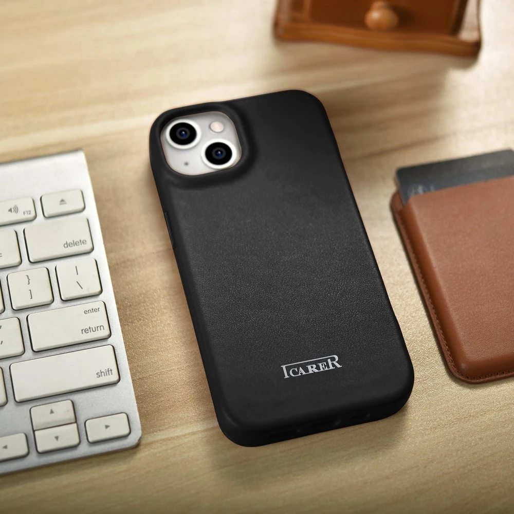 iCarer CE Premium Leather Apple iPhone 14 Plus Magnetic atverčiamas Leather MagSafe dėklas telefonui juodos spalvos (WMI14220715-BK)