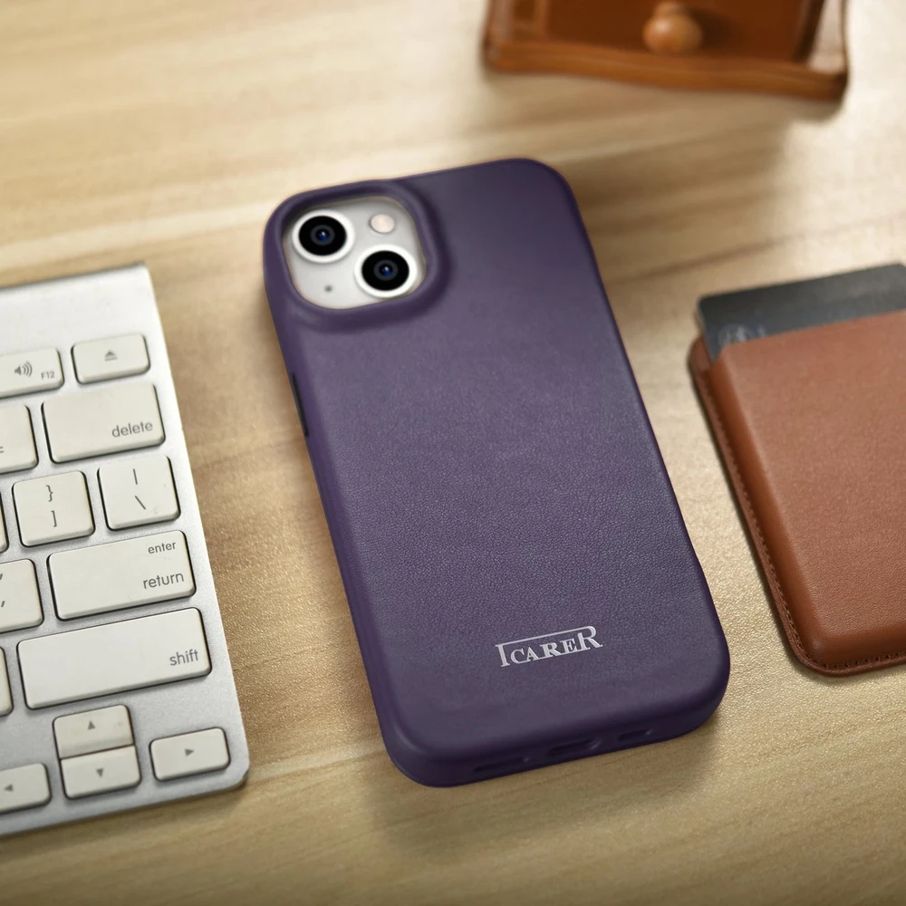 iCarer CE Premium Leather Apple iPhone 14 Plus Magnetic atverčiamas Leather MagSafe Dark dėklas telefonui violetinės spalvos (WMI14220715-DP)