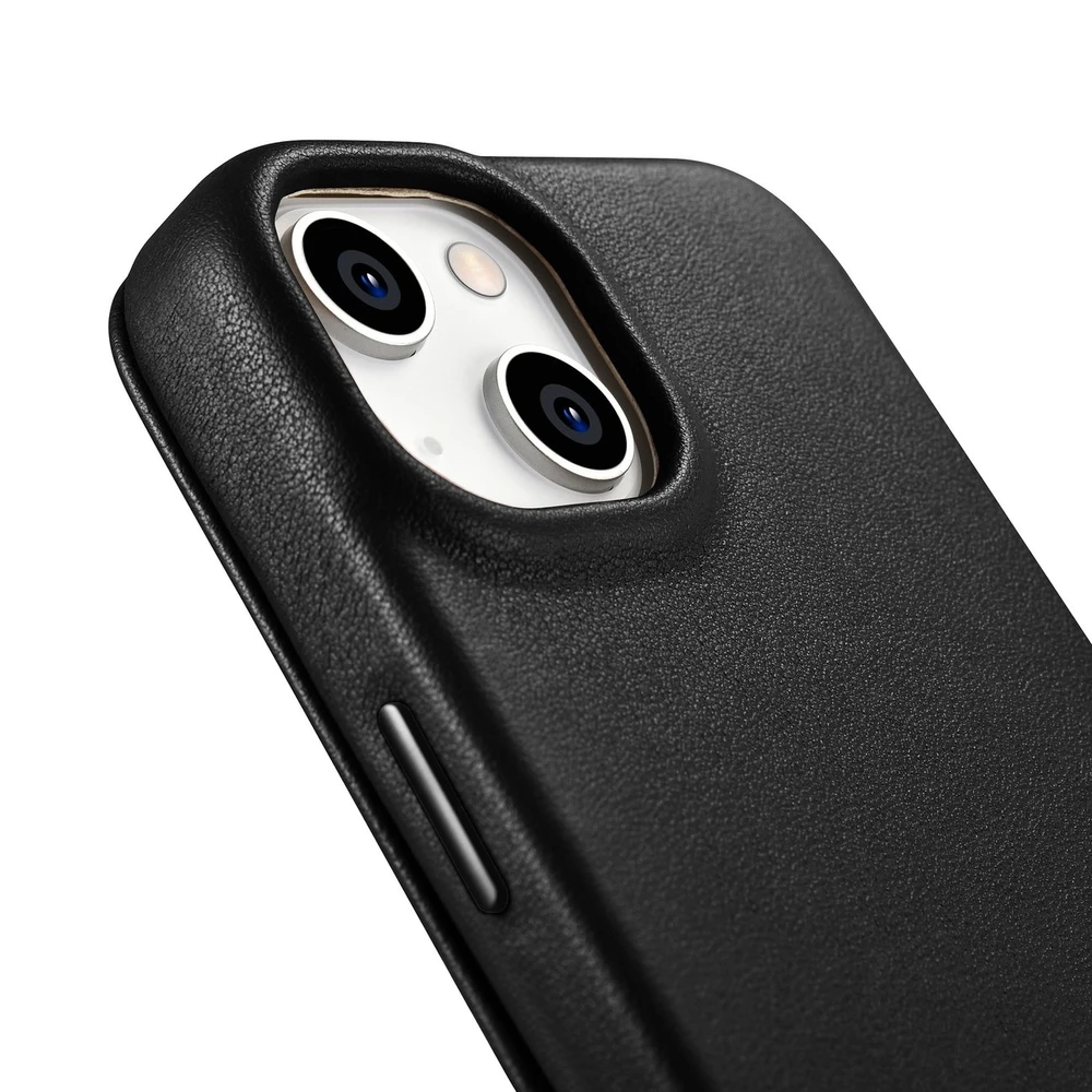 iCarer CE Premium Leather Apple iPhone 14 Plus Magnetic atverčiamas Leather MagSafe dėklas telefonui juodos spalvos (WMI14220715-BK)