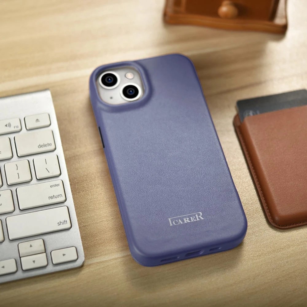 iCarer CE Premium Leather Apple iPhone 14 Plus Magnetic atverčiamas Leather MagSafe Light dėklas telefonui violetinės spalvos (WMI14220715-LP)