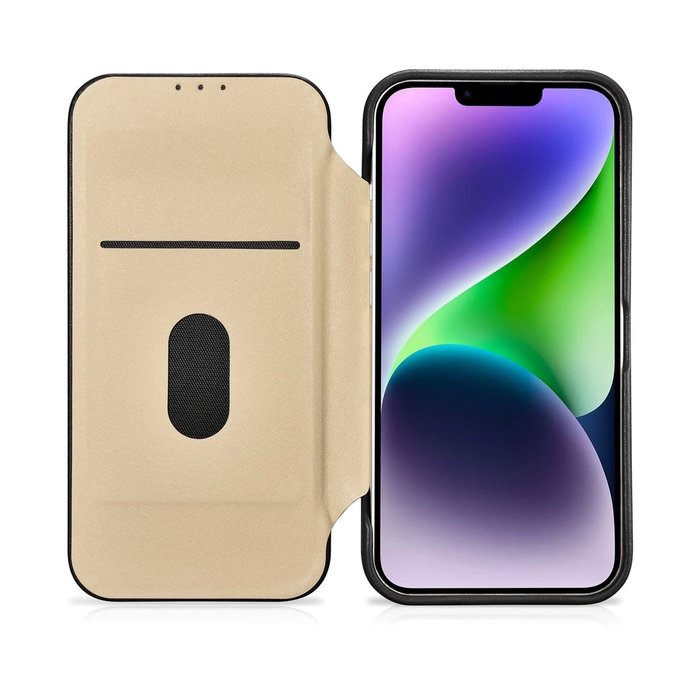 iCarer CE Premium Leather Apple iPhone 14 Plus Magnetic atverčiamas Leather MagSafe dėklas telefonui juodos spalvos (WMI14220715-BK)
