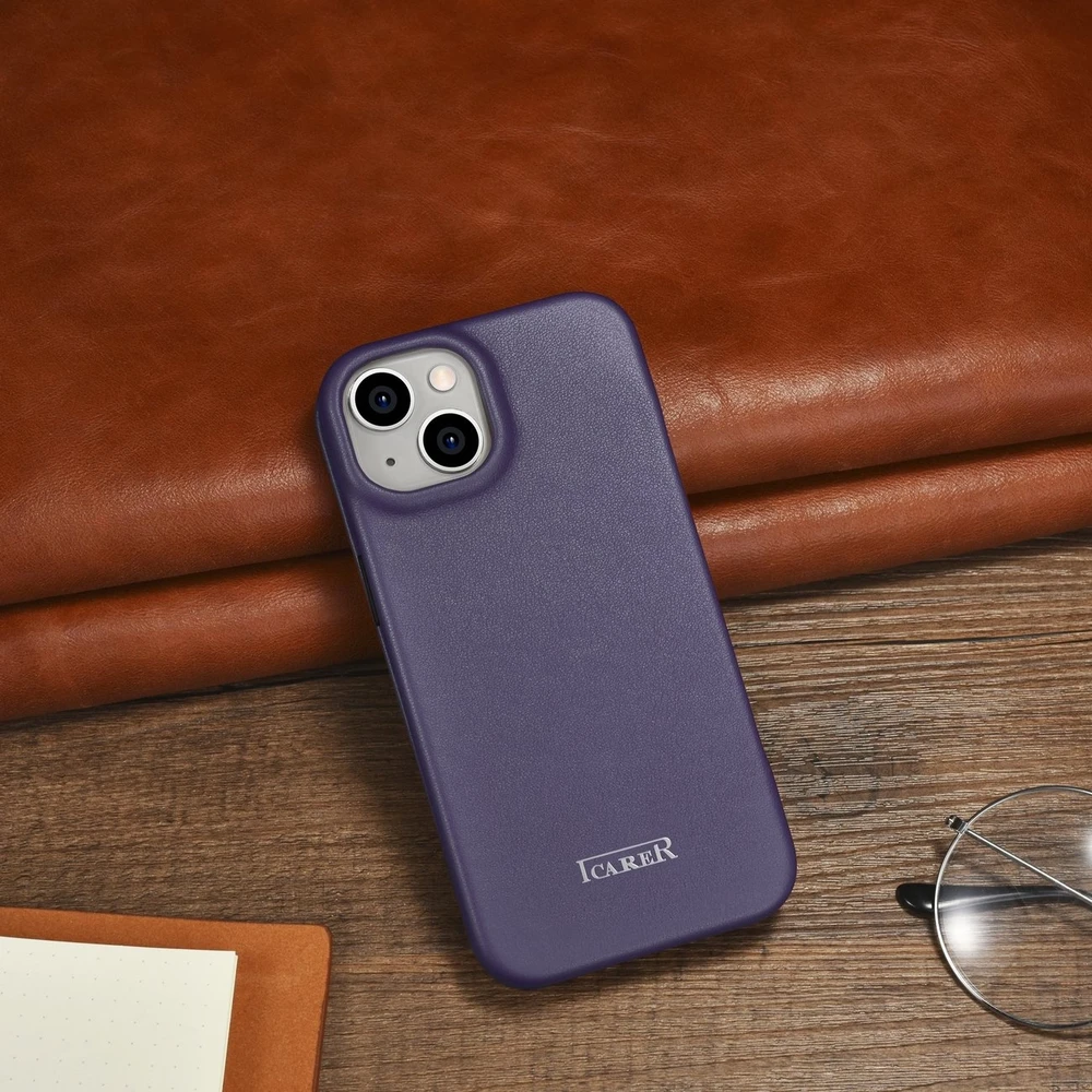 iCarer CE Premium Leather Apple iPhone 14 Plus Magnetic atverčiamas Leather MagSafe Dark dėklas telefonui violetinės spalvos (WMI14220715-DP)