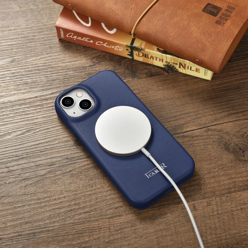 iCarer CE Premium Leather Apple iPhone 14 Plus Magnetic atverčiamas Leather MagSafe dėklas telefonui mėlynos spalvos (WMI14220715-BU)