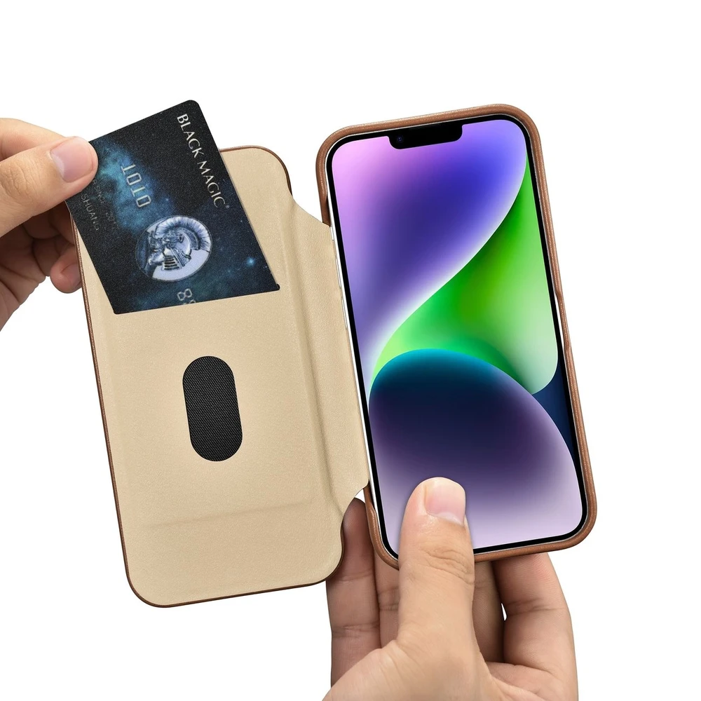 iCarer CE Premium Leather Apple iPhone 14 Plus Magnetic atverčiamas Leather MagSafe dėklas telefonui rudos spalvos (WMI14220715-BN)