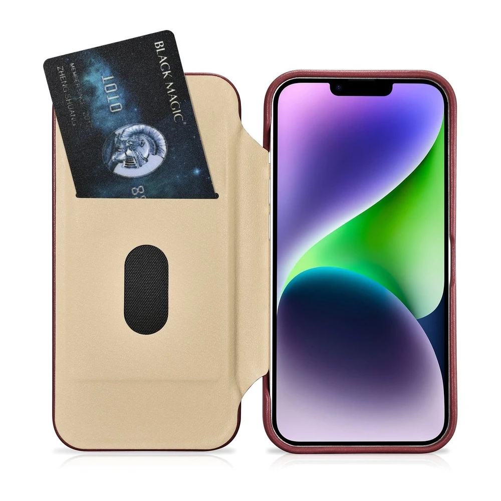 iCarer CE Premium Leather Apple iPhone 14 Plus Magnetic atverčiamas Leather MagSafe dėklas telefonui raudonos spalvos (WMI14220715-RD)