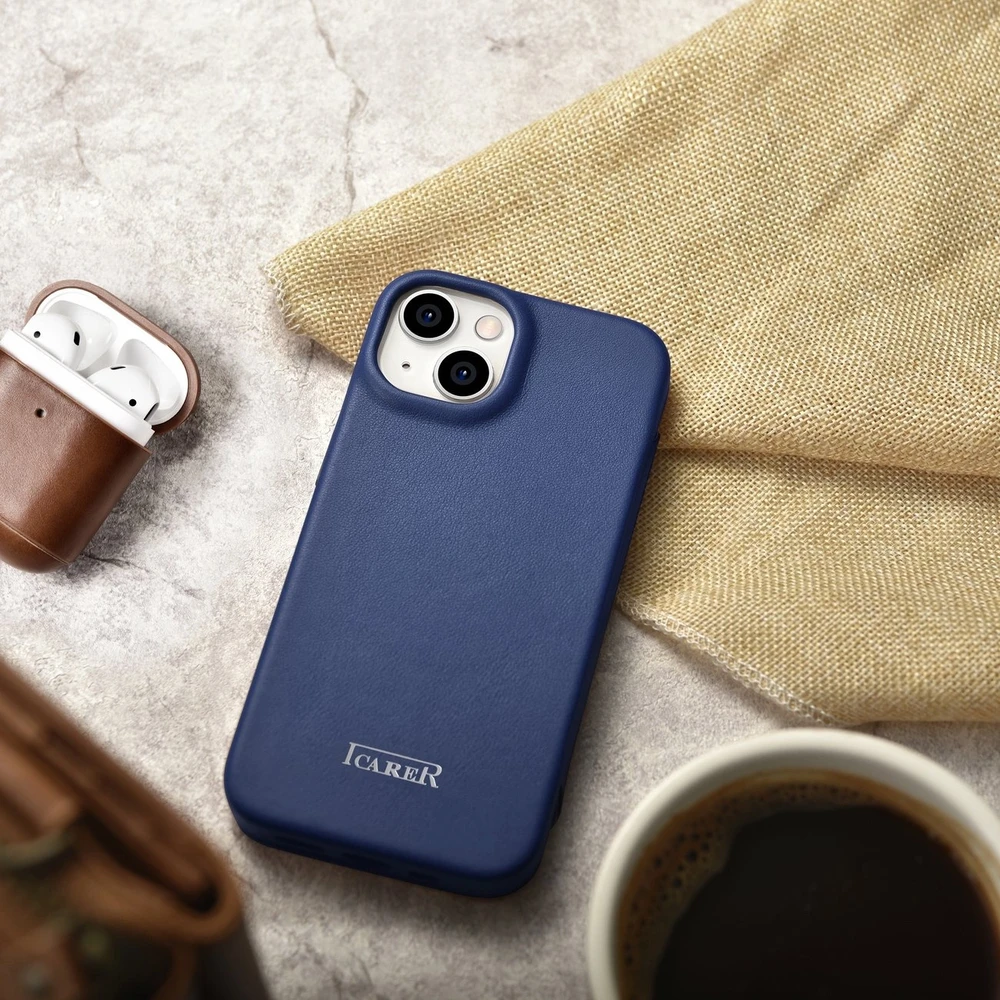 iCarer CE Premium Leather Apple iPhone 14 Plus Magnetic atverčiamas Leather MagSafe dėklas telefonui mėlynos spalvos (WMI14220715-BU)