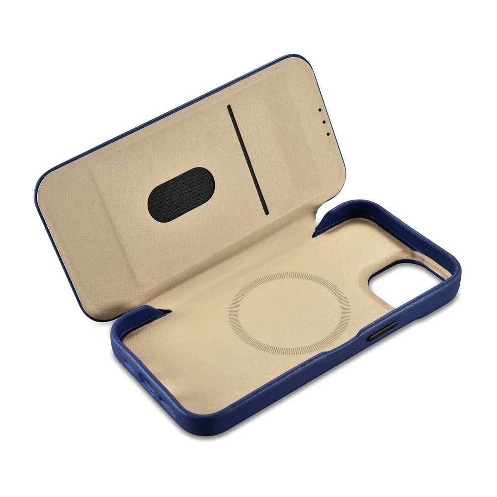 iCarer CE Premium Leather Apple iPhone 14 Plus Magnetic atverčiamas Leather MagSafe dėklas telefonui mėlynos spalvos (WMI14220715-BU)