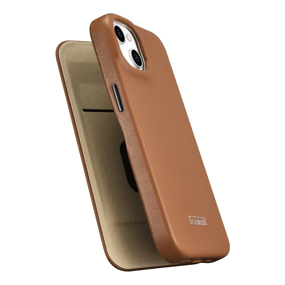 iCarer CE Premium Leather Apple iPhone 14 Plus Magnetic atverčiamas Leather MagSafe dėklas telefonui rudos spalvos (WMI14220715-BN)