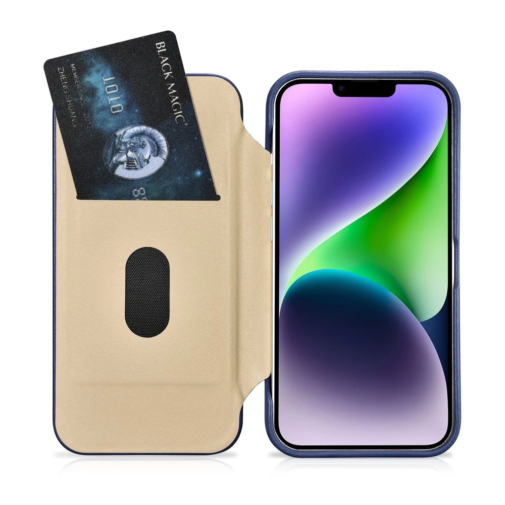 iCarer CE Premium Leather Apple iPhone 14 Plus Magnetic atverčiamas Leather MagSafe dėklas telefonui mėlynos spalvos (WMI14220715-BU)