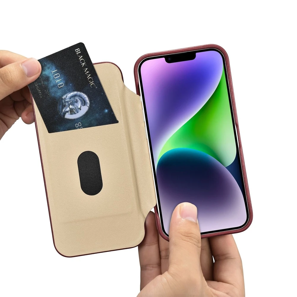 iCarer CE Premium Leather Apple iPhone 14 Plus Magnetic atverčiamas Leather MagSafe dėklas telefonui raudonos spalvos (WMI14220715-RD)