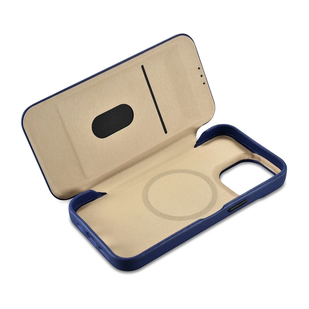 iCarer CE Premium Leather Apple iPhone 14 Pro Magnetic atverčiamas Leather MagSafe dėklas telefonui mėlynos spalvos (WMI14220714-BU)