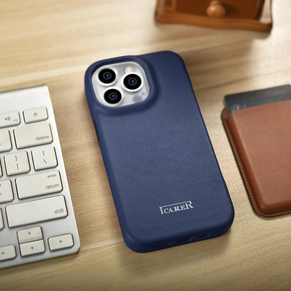iCarer CE Premium Leather Apple iPhone 14 Pro Magnetic atverčiamas Leather MagSafe dėklas telefonui mėlynos spalvos (WMI14220714-BU)