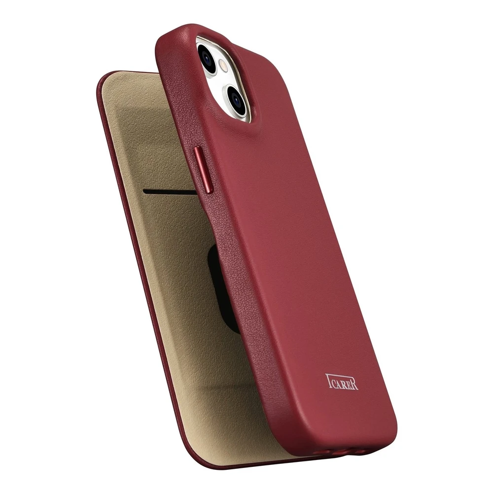 iCarer CE Premium Leather Apple iPhone 14 Plus Magnetic atverčiamas Leather MagSafe dėklas telefonui raudonos spalvos (WMI14220715-RD)