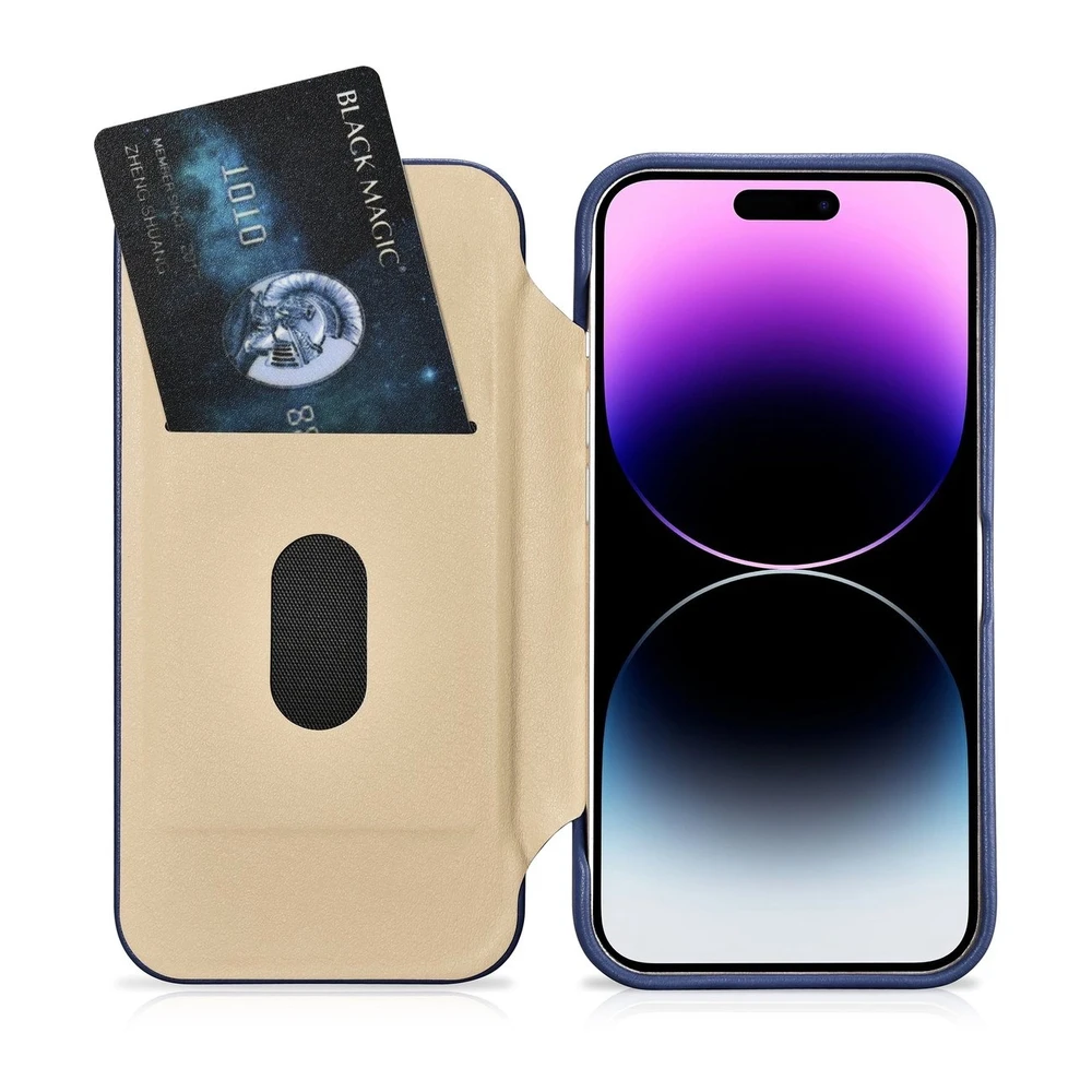 iCarer CE Premium Leather Apple iPhone 14 Pro Magnetic atverčiamas Leather MagSafe dėklas telefonui mėlynos spalvos (WMI14220714-BU)