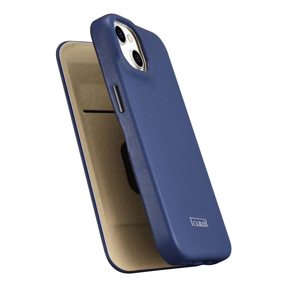 iCarer CE Premium Leather Apple iPhone 14 Plus Magnetic atverčiamas Leather MagSafe dėklas telefonui mėlynos spalvos (WMI14220715-BU)