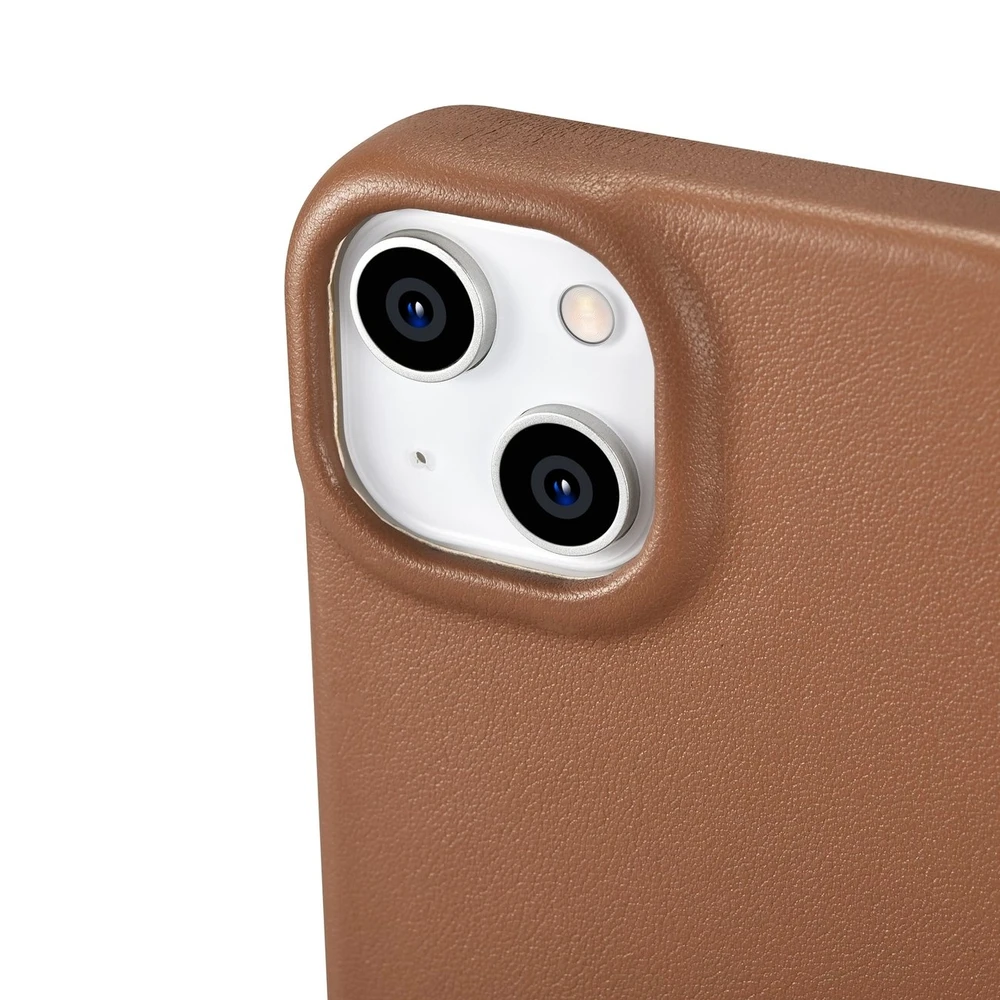 iCarer CE Premium Leather Apple iPhone 14 Plus Magnetic atverčiamas Leather MagSafe dėklas telefonui rudos spalvos (WMI14220715-BN)