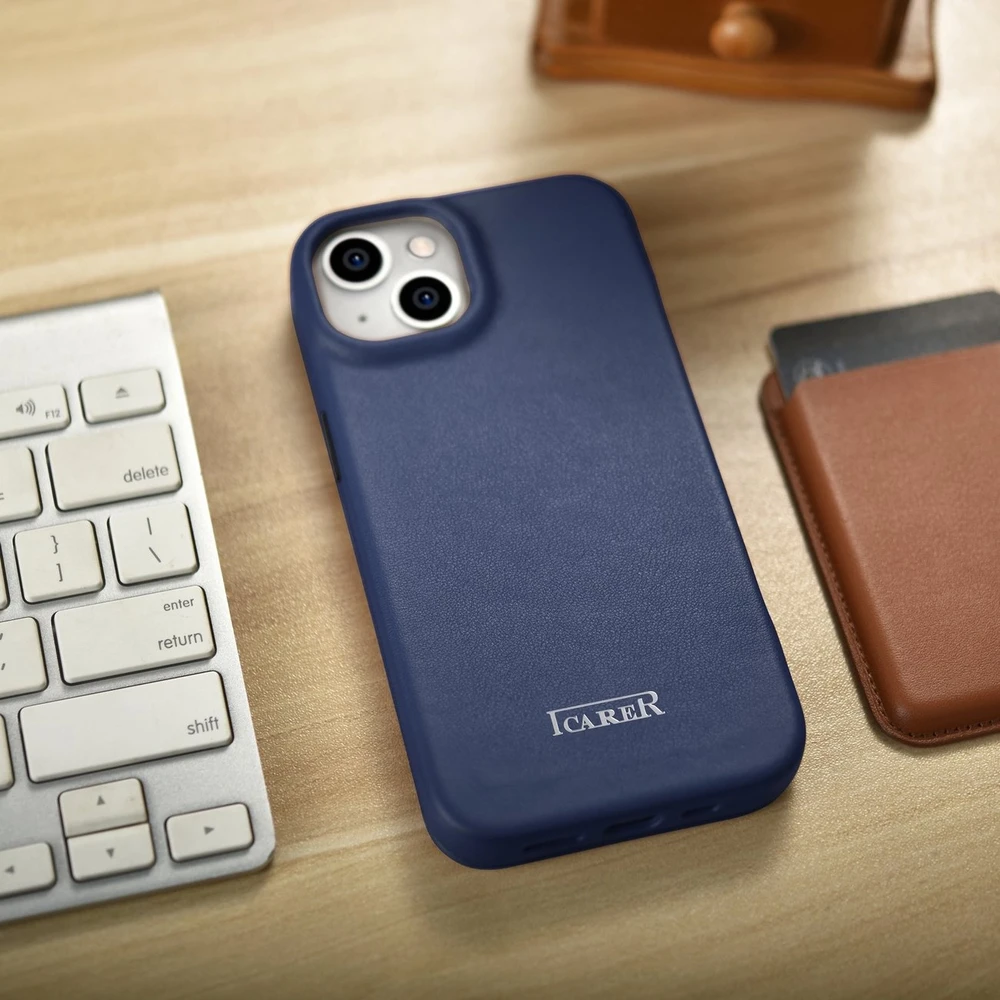 iCarer CE Premium Leather Apple iPhone 14 Plus Magnetic atverčiamas Leather MagSafe dėklas telefonui mėlynos spalvos (WMI14220715-BU)