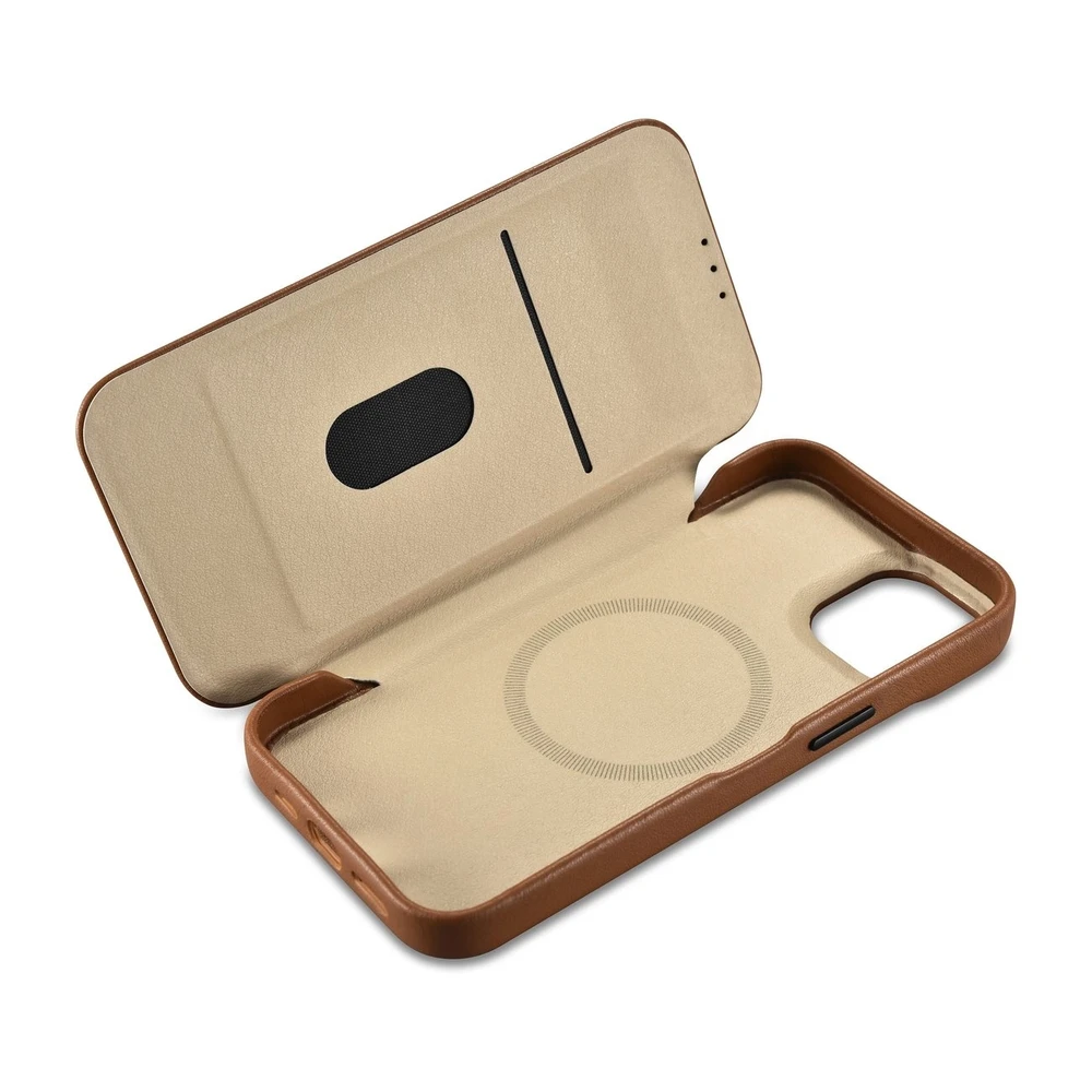 iCarer CE Premium Leather Apple iPhone 14 Plus Magnetic atverčiamas Leather MagSafe dėklas telefonui rudos spalvos (WMI14220715-BN)