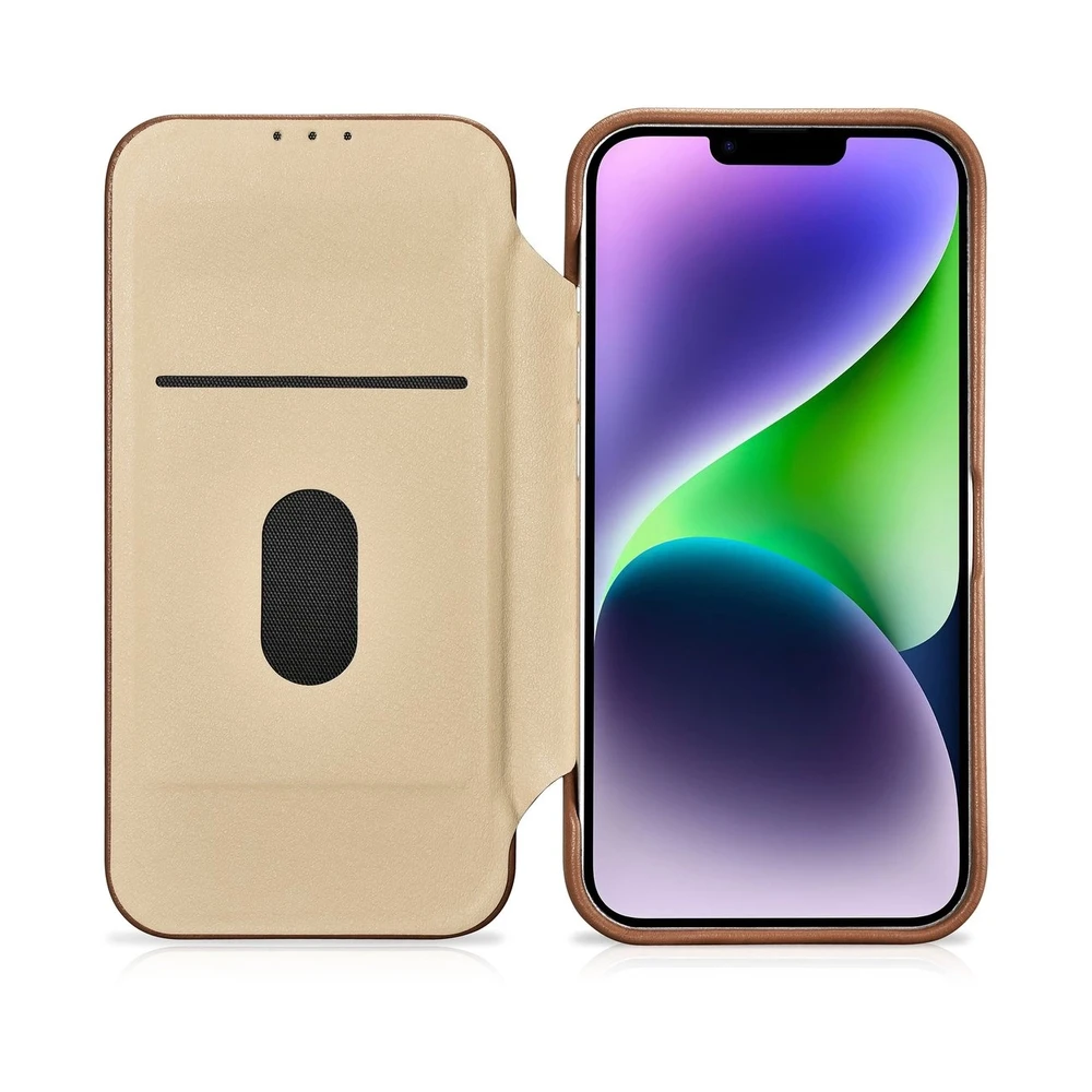 iCarer CE Premium Leather Apple iPhone 14 Plus Magnetic atverčiamas Leather MagSafe dėklas telefonui rudos spalvos (WMI14220715-BN)