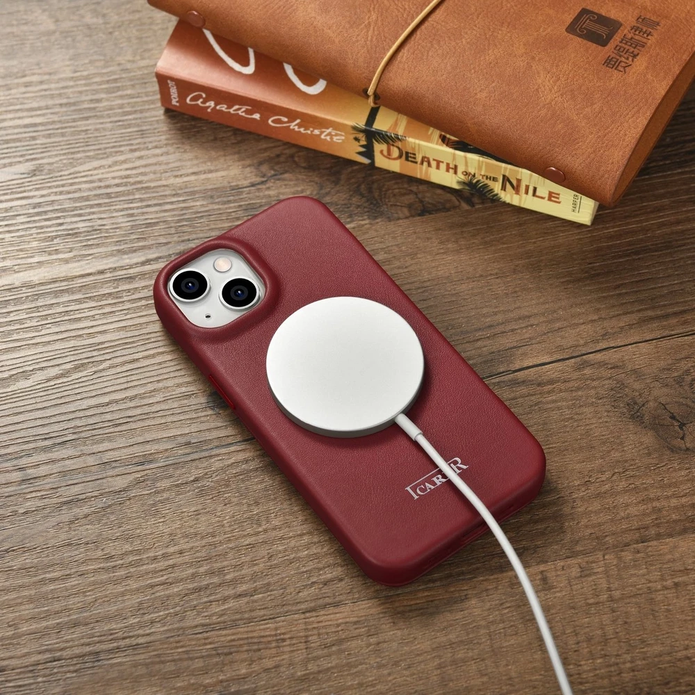 iCarer CE Premium Leather Apple iPhone 14 Plus Magnetic atverčiamas Leather MagSafe dėklas telefonui raudonos spalvos (WMI14220715-RD)