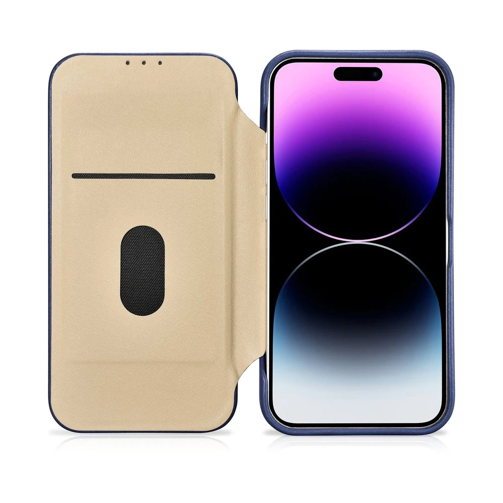 iCarer CE Premium Leather Apple iPhone 14 Pro Magnetic atverčiamas Leather MagSafe dėklas telefonui mėlynos spalvos (WMI14220714-BU)