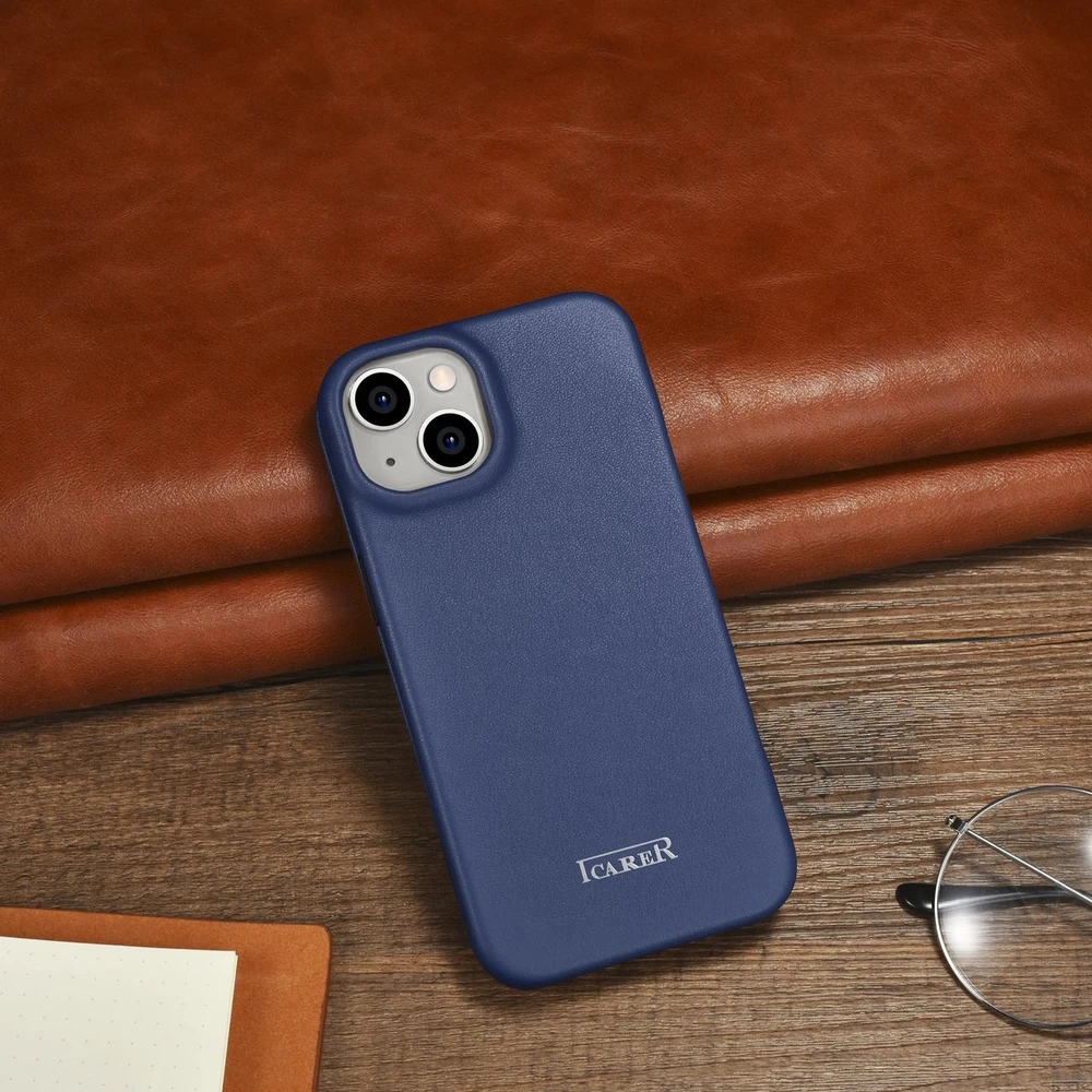 iCarer CE Premium Leather Apple iPhone 14 Plus Magnetic atverčiamas Leather MagSafe dėklas telefonui mėlynos spalvos (WMI14220715-BU)