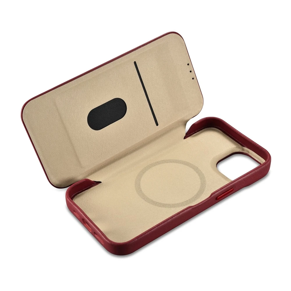 iCarer CE Premium Leather Apple iPhone 14 Plus Magnetic atverčiamas Leather MagSafe dėklas telefonui raudonos spalvos (WMI14220715-RD)