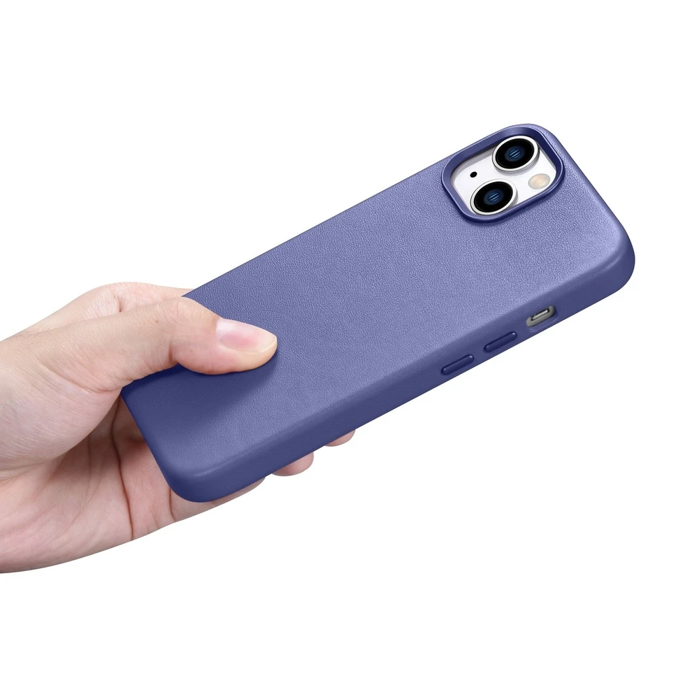 iCarer Leather Genuine Leather Apple iPhone 14 Plus Light dėklas telefonui violetinės spalvos (MagSafe Compatible)