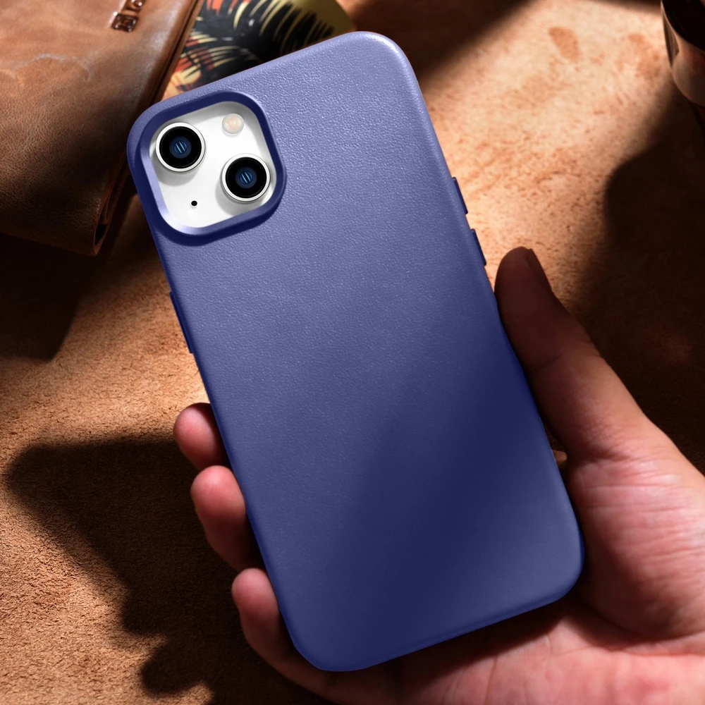 iCarer Leather Genuine Leather Apple iPhone 14 Plus Light dėklas telefonui violetinės spalvos (MagSafe Compatible)