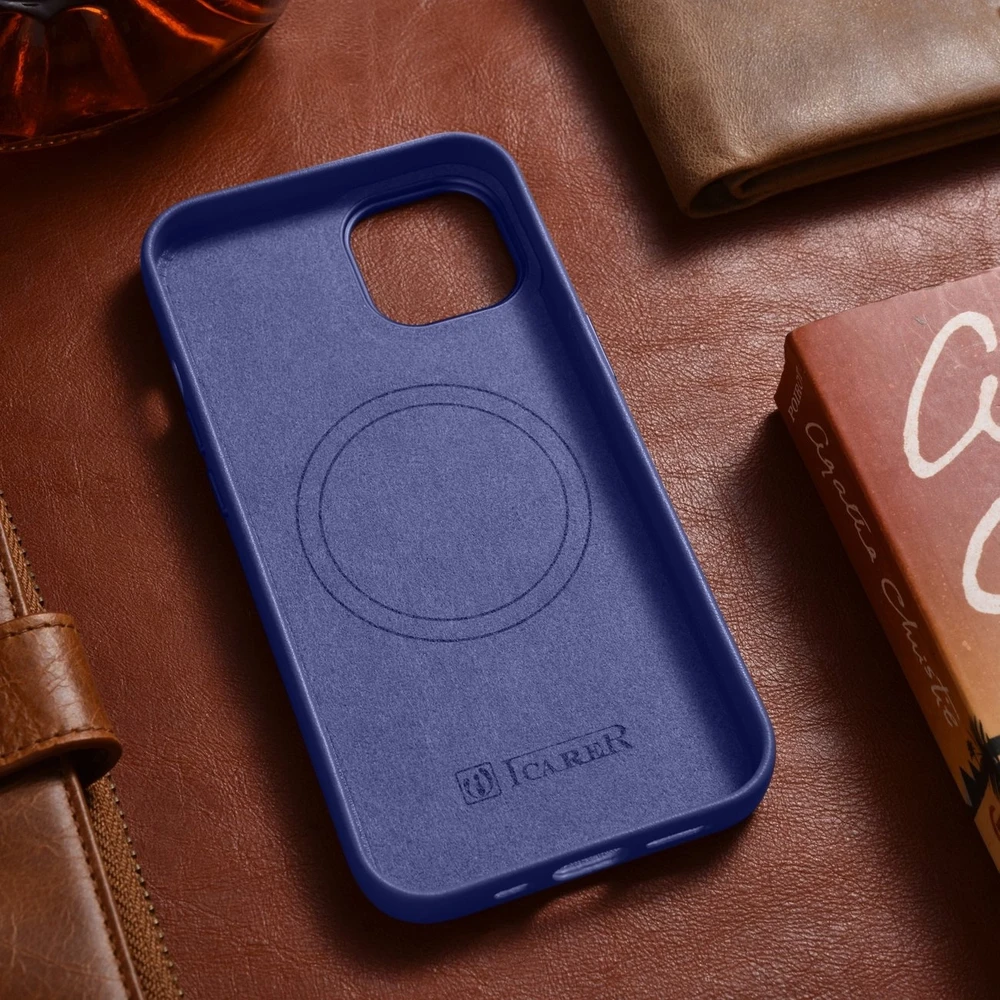 iCarer Leather Genuine Leather Apple iPhone 14 Plus Light dėklas telefonui violetinės spalvos (MagSafe Compatible)