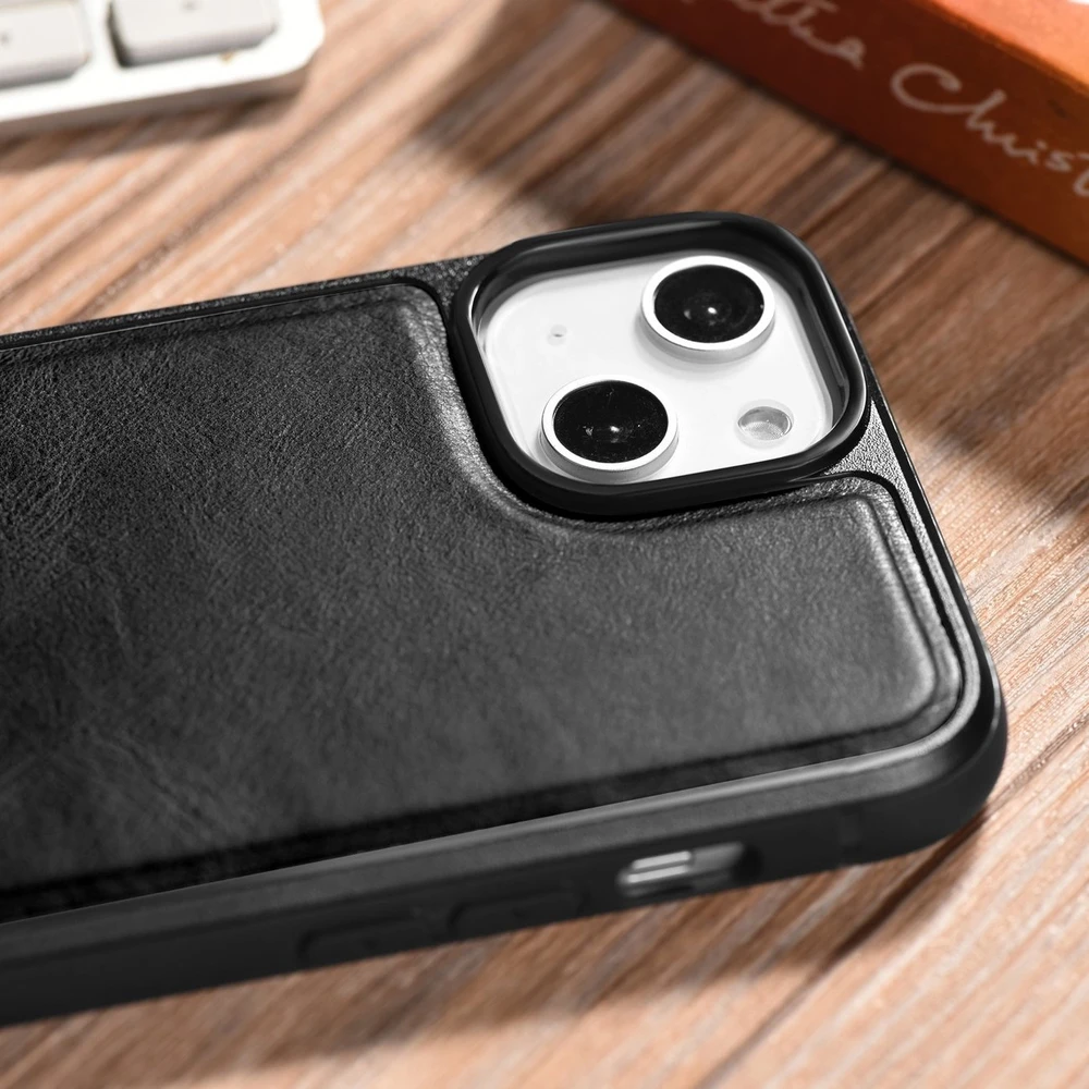 iCarer Leather Oil Wax covered with natural leather Apple iPhone 14 Plus dėklas telefonui juodos spalvos (WMI14220719-BK)