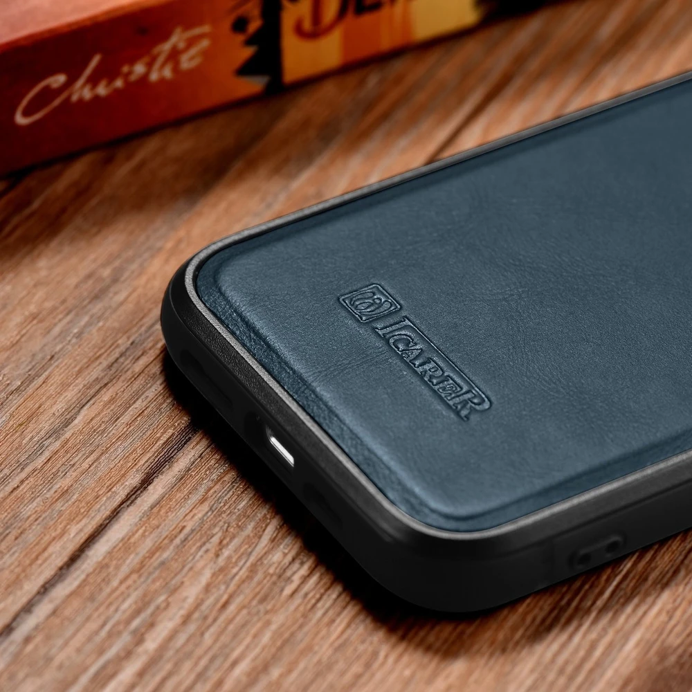iCarer Leather Oil Wax covered with natural leather Apple iPhone 14 Plus dėklas telefonui mėlynos spalvos (WMI14220719-BU)
