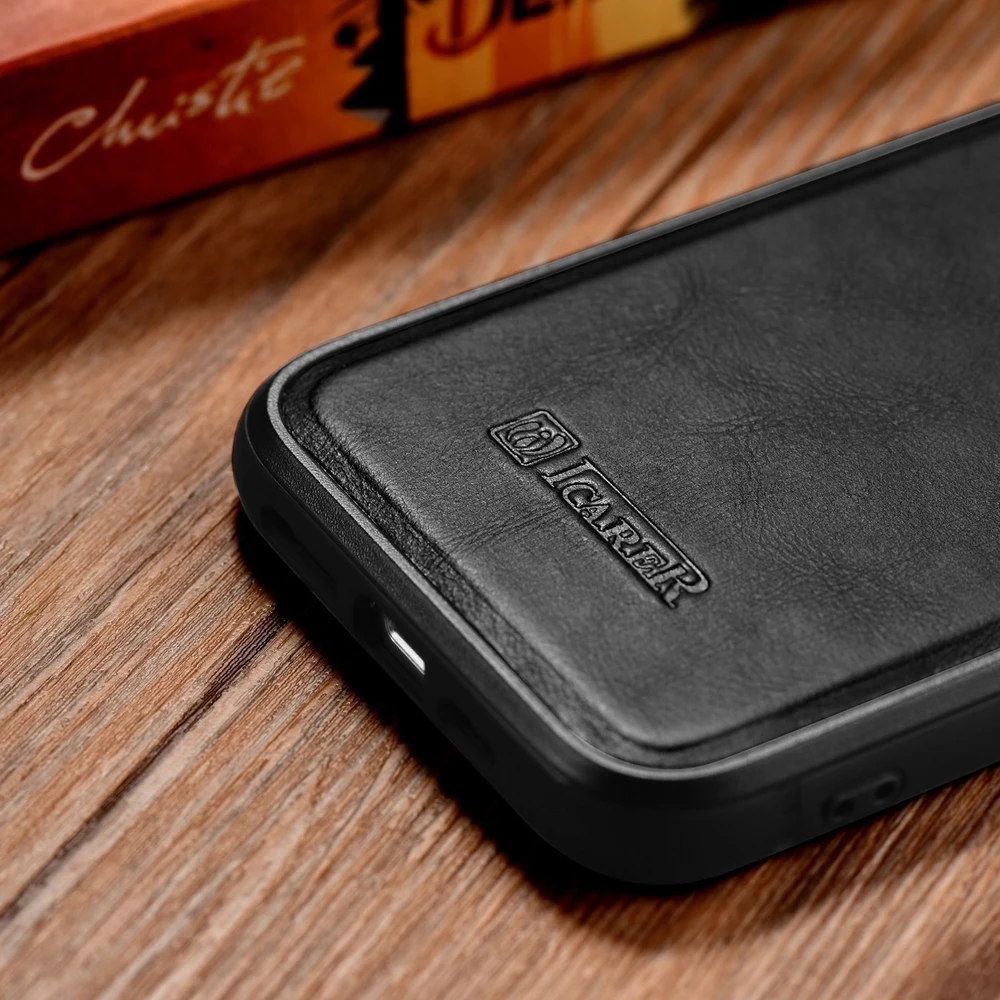iCarer Leather Oil Wax covered with natural leather Apple iPhone 14 Plus dėklas telefonui juodos spalvos (WMI14220719-BK)